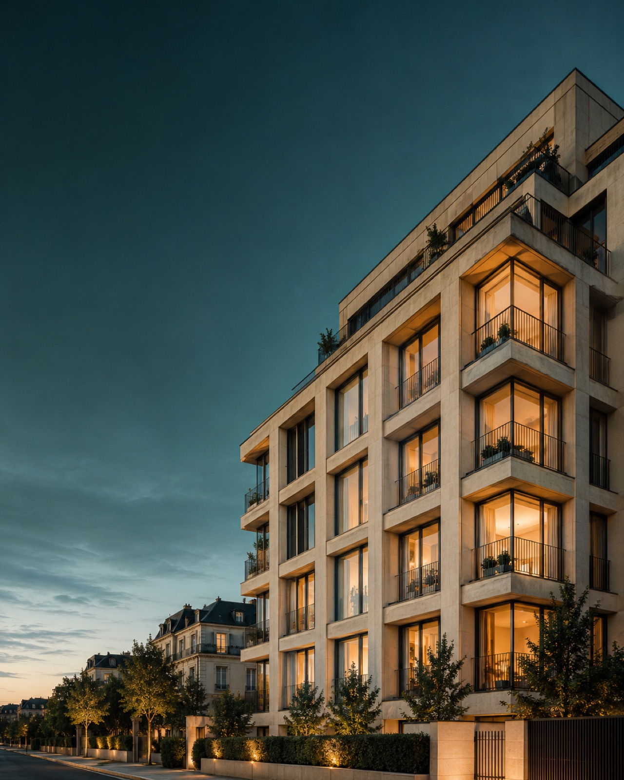 Neubau-Wohnprojekt in der Abenddämmerung mit beleuchteten Wohnungen